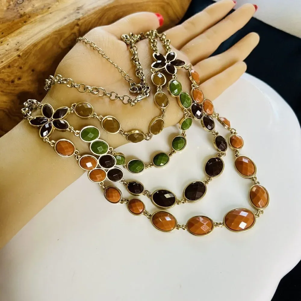 Beautiful Layered Multi Strand Necklace Earth Tone Faceted Beads Flower  4328